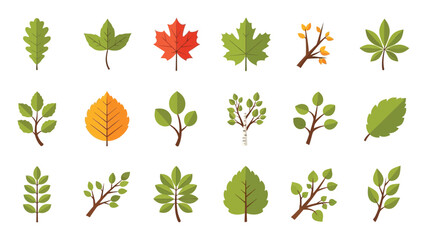 Fototapeta premium Set of vector autumn leaves flat design icons on white background.