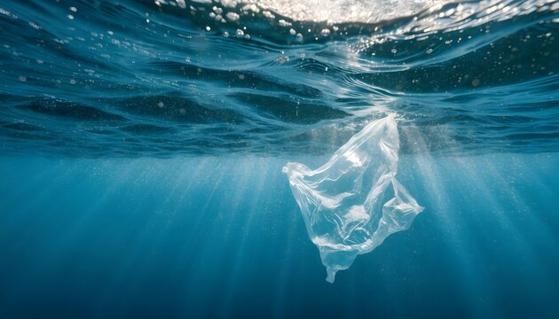 Plastic bag drifting underwater with sun rays shining through ocean waves