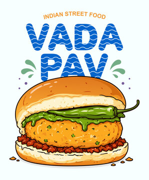 Vada Pav Indian Street Food Vector Illustration Spicy Indian Burger Design.