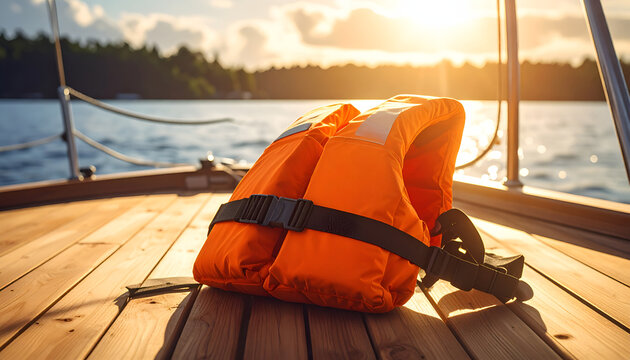 An orange life jacket rests on a wooden boat deck, bathed in the warm glow of a setting sun over a tranquil lake.