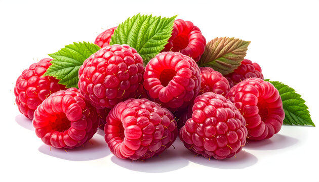 A vibrant pile of fresh raspberries with lush green leaves is artfully arranged against a clean white background, showcasing their juicy texture and bright color.