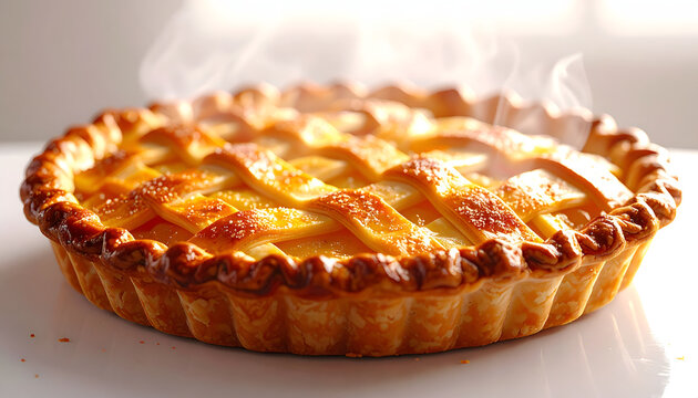 A freshly baked golden apple pie emits wisps of steam, showcasing a beautifully latticed crust and a warm, inviting appearance.