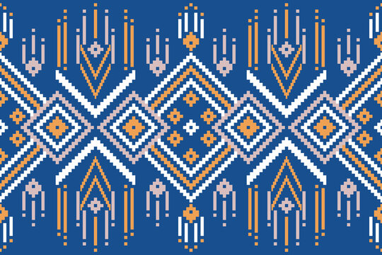 Seamless Geometric Tribal Pixel Pattern in Blue and Orange Ethnic Style