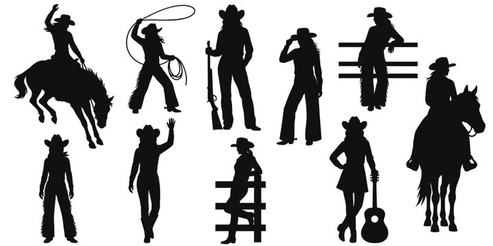 Western cowgirl silhouettes with horse riding, lasso tricks, relaxed leaning on fence, guitar holding