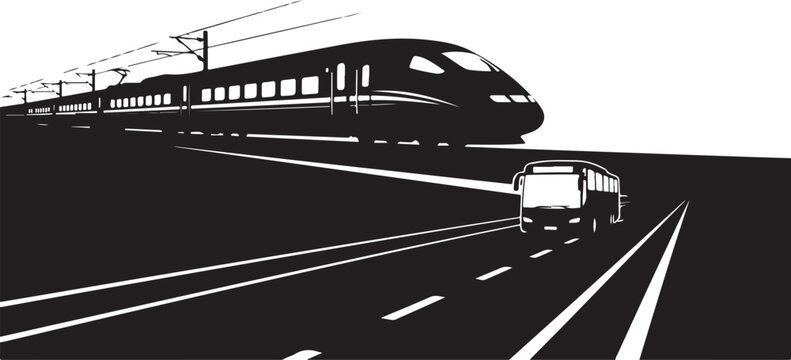 Monochrome highway transportation icons, train and truck on road, black and white vector graphics