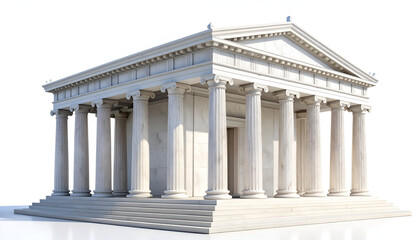 Obraz premium A pristine, white classical Greek temple stands proudly against a stark white background, showcasing its intricate architectural details and timeless design.