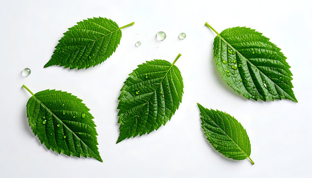 A top-down view showcases several vibrant green leaves scattered across a clean white surface, each adorned with glistening water droplets, creating a refreshing and natural aesthetic.