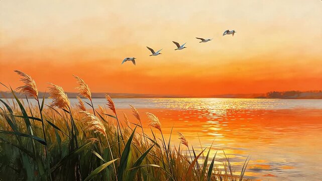 Sunset birds flying over lake