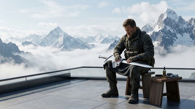 Soldier cleaning silver sword at smooth stage overlooking misty mountain peaks at noon. Surrealist photography, high-altitude