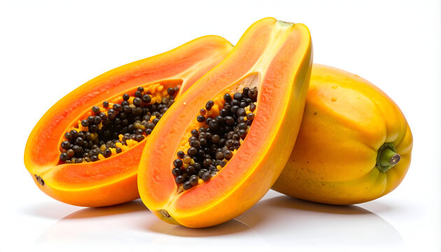 A vibrant close-up showcases two halves of a ripe papaya alongside a whole fruit, highlighting its bright orange flesh and numerous black seeds against a clean white background.