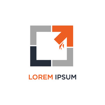 An abstract logo features a stylized square with orange, gray, and dark blue sections on a white background with Lorem Ipsum text