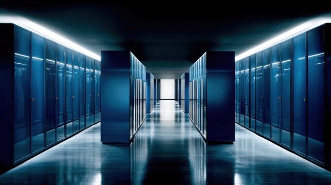 Rows of Tall Blue Server Cabinets in a Dimly Lit Data Center Hallway with Reflective Floor