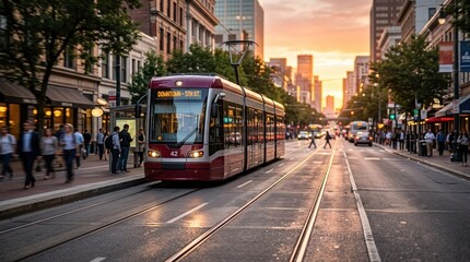 Obraz premium City boulevard with a streetcar. Blurred commuters, sharp focus on the streetcar and its tracks. Golden sunset light.Realistic