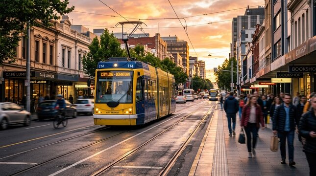 City boulevard with a streetcar. Blurred commuters, sharp focus on the streetcar and its tracks. Golden sunset light.Realistic