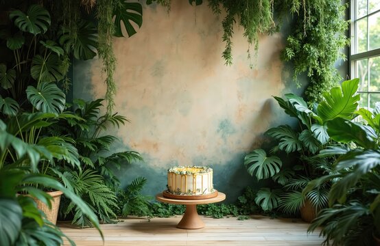 Jungle themed background with cake. Lush green plants frame a decorative cake on wooden stand against textured wall. Natural light illuminates scene ideal for celebration.