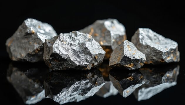 Raw platinum and chrome ore lumps with golden flecks sit on reflective black surface. Metallic minerals appear heavy and industrial. These elements are valuable commodities.