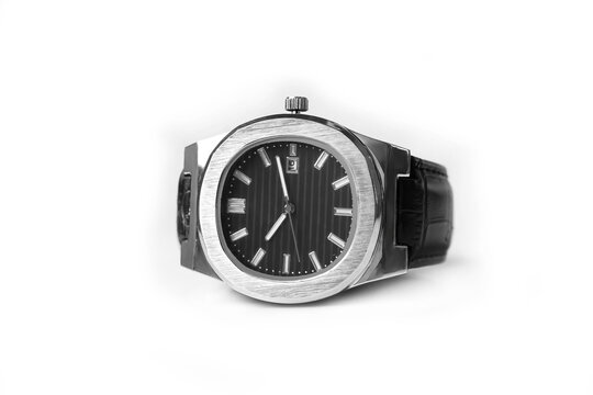 Luxury Silver Wristwatch with Black Leather Strap Isolated on White