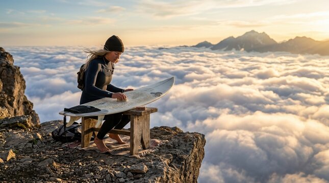 Surfer waxing surfboard at stool above sea of clouds during golden hour. Surrealist photography, high-altitude landscape,
