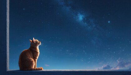 Fototapeta premium Ginger cat sits on ledge looking at starry night sky. Creature watches cosmic expanse, feeling calm wonder. Fluffy pet observes universe, tranquil night atmosphere.