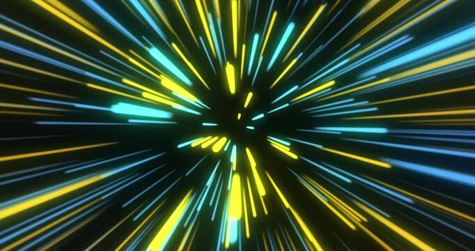 Bright streaks of blue and yellow light rush outward from the center, simulating a high-speed warp tunnel.