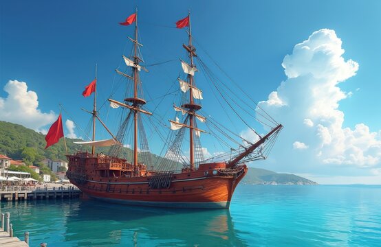 Wooden tall ship with red flags docks at pier. Bright blue water reflects sunny sky and green hills. Historic vessel awaits passengers for ocean tour.