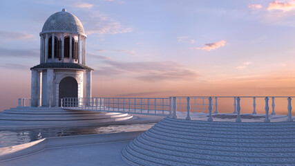 3D Serene, ornate white dome pavilion stands on a tiered platform with railings, surrounded by calm water under a soft pastel sunset sky. Ideal for fantasy, architectural, or tranquil scene designs. © AnnaPa
