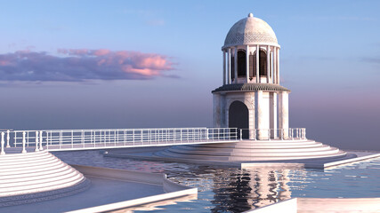 3D Serene, ornate white dome pavilion stands on a tiered platform with railings, surrounded by calm water under a soft pastel sunset sky. Ideal for fantasy, architectural, or tranquil scene designs. © AnnaPa