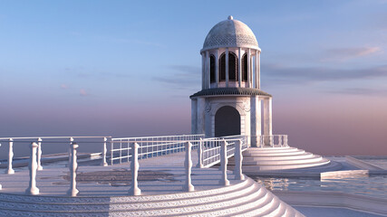 3D Serene, ornate white dome pavilion stands on a tiered platform with railings, surrounded by calm water under a soft pastel sunset sky. Ideal for fantasy, architectural, or tranquil scene designs. © AnnaPa