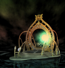 An ornate golden portal with intricate blue symbols and a central radiant light, set against a dark mystical background. Ideal for fantasy, sci fi, or magical interface designs. 3D Illustration. © AnnaPa