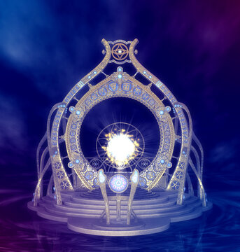 An ornate golden portal with intricate blue symbols and a central radiant light, set against a dark mystical background. Ideal for fantasy, sci fi, or magical interface designs. 3D Illustration.