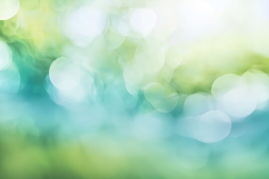 Soft-focus abstract background with green, blue, and white bokeh lights creating a dreamy, calming atmosphere.