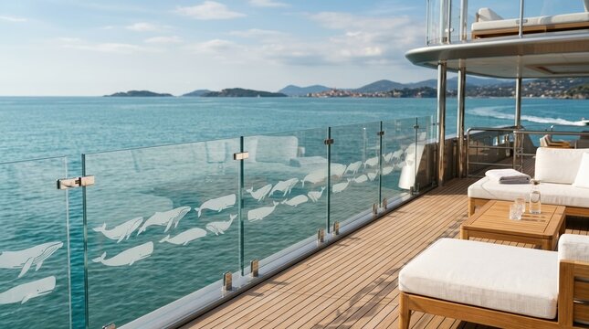 Luxury yacht deck looking over a calm sea with a repeating, minimalist vector whale pattern (Style 8) printed on the glass railing