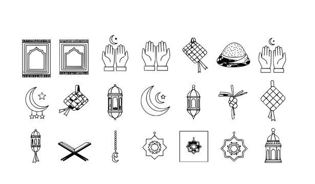 Ramadan Islamic symbol collection vector with ketupat prayer mat and dua hands in circular layout isolated on white background