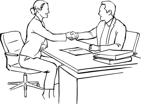 Businesswoman and Businessman Shaking Hands Across Office Desk