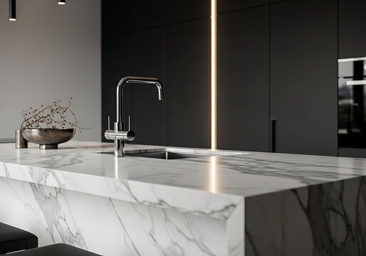 Luxury White Marble Kitchen Island with Modern Faucet and Moody Lighting