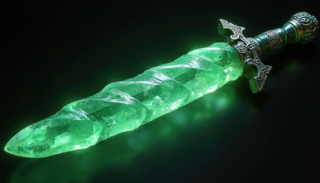 Ceremonial keris dagger with 7 curves made of clear crystal. It has a glowing green light tracing the sharp edges. The ornate metal handle is dark with intricate patterns.