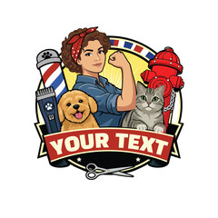 Naklejka premium Rosie the Riveter with dog and cat, customizable emblem