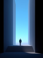 Fototapeta premium Businessman standing on top of stairs between two tall blue walls facing open sky, symbolizing career achievement and new opportunity for professional growth
