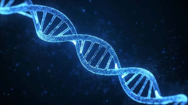 Digital rendering of DNA double helix glowing blue, intertwined spiral chains with base pairs, dark background emphasizing genetics.