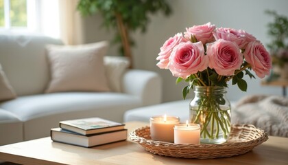 Obraz premium Cozy living room scene with pink roses in vase on wooden table. Two lit candles on basket tray beside stack of books. Soft sofa in background creates calm atmosphere.
