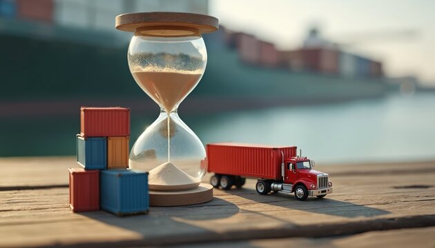 Hourglass next to miniature shipping containers and red truck on dock. Giant cargo ship waits in harbor. Represents time sensitive global freight and transport logistics.
