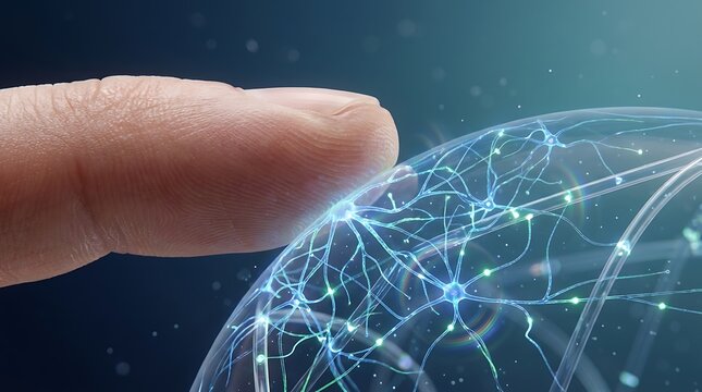 Jari Menyentuh Jaringan Neuron Digital Abstrak Konsep Koneksi Otak