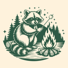 Obraz premium Camping Raccoon Roasting Marshmallow by Campfire Vintage Outdoor Illustration