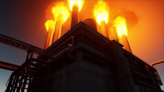 エネルギー生産のために鋼鉄構造物を構築しフレアスタックを点火する工業プラント