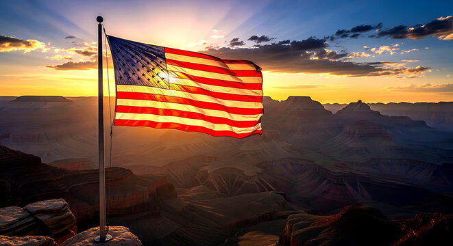 American flag waving proudly over the Grand Canyon during a dramatic sunset