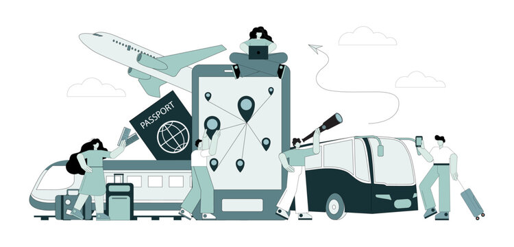 Vector concept of vacation planning with flat people travelers. Travel by various means of transport,  on-line booking of tickets.eps