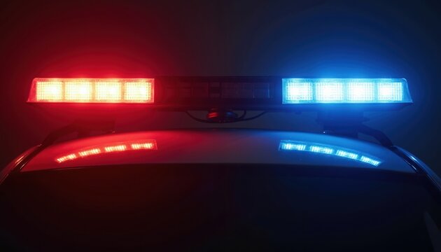 Police car roof lights flash red and blue. Emergency vehicle signals illuminate dark night. Law enforcement responds to incident, providing safety and security.