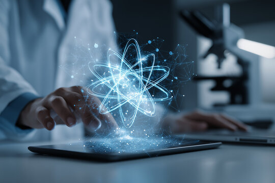 Researcher using tablet and laptop with quantum computing and AI visualization, representing advanced algorithms, data analysis, artificial intelligence, and scientific innovation