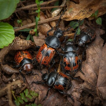 A picture of several types of beetles gathering in the wild