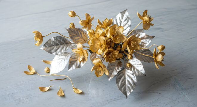 A bunch of brown leaves on a gray background,"Refined White Marble with Touches of Golden Veins"